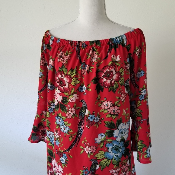 City Streets Red Floral Parrot Tropical Bell Dress - Picture 2 of 6